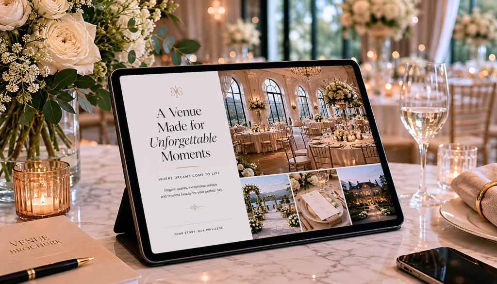 Professional wedding venue brochure displayed at a luxury reception venue
