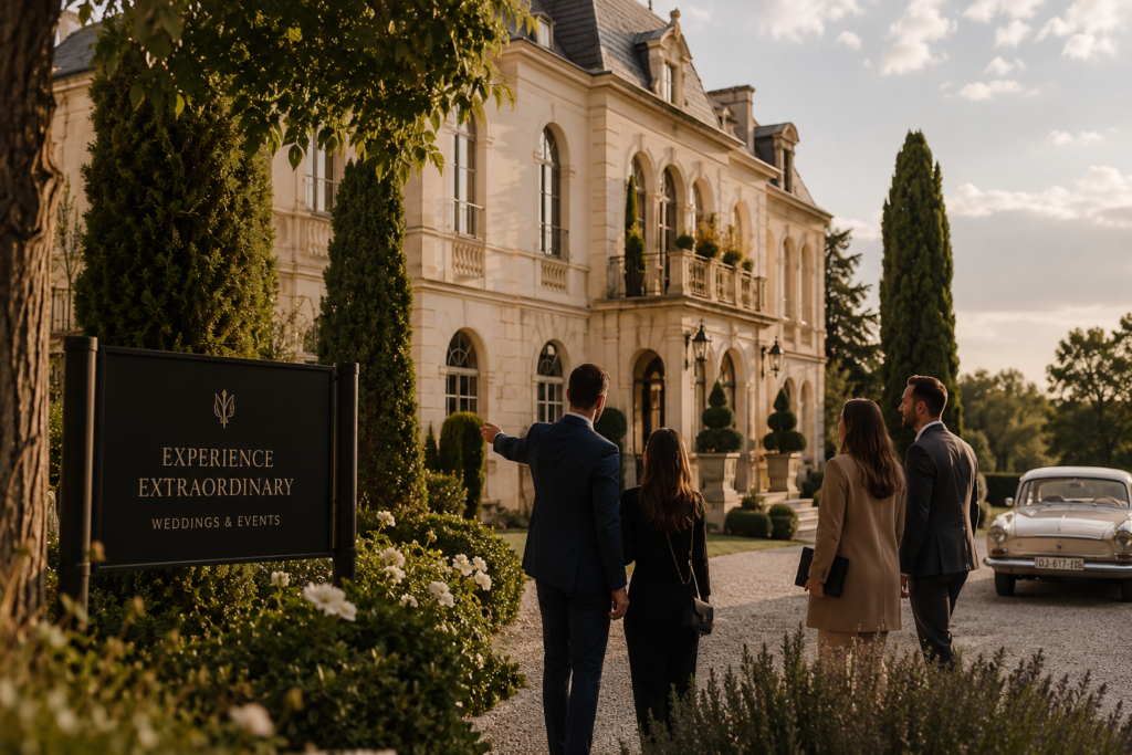 Wedding venue marketing ideas — luxury venue exterior with couples visiting
