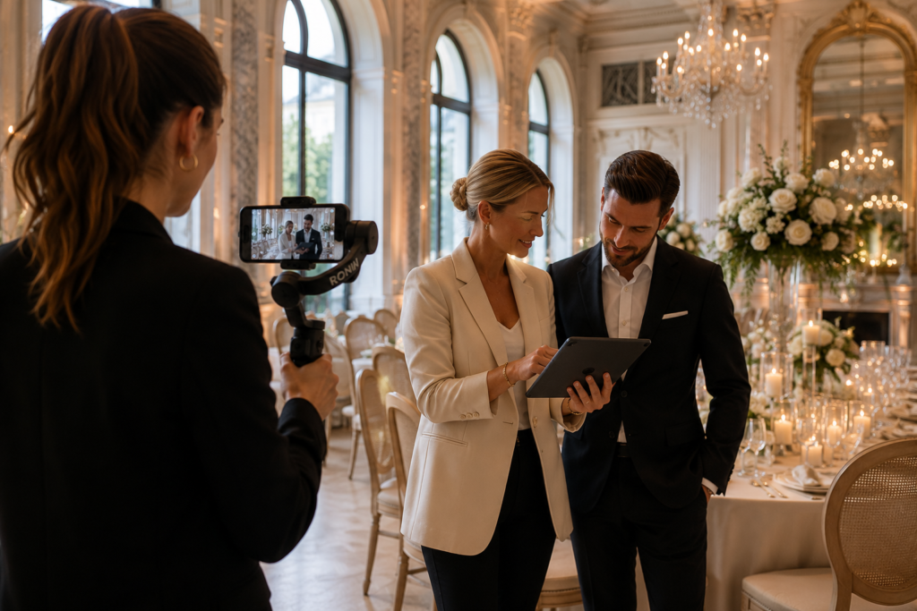 Wedding venue social media marketing — behind-the-scenes reel being filmed at a venue