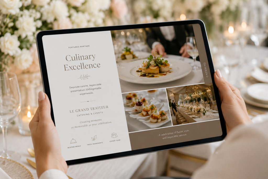 Wedding vendor advertising inside a luxury venue brochure — caterer spotlight page