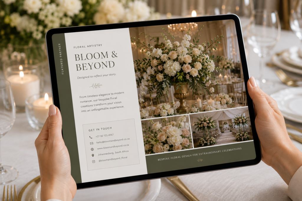 Wedding vendor advertising — florist feature page inside a venue brochure with contact details